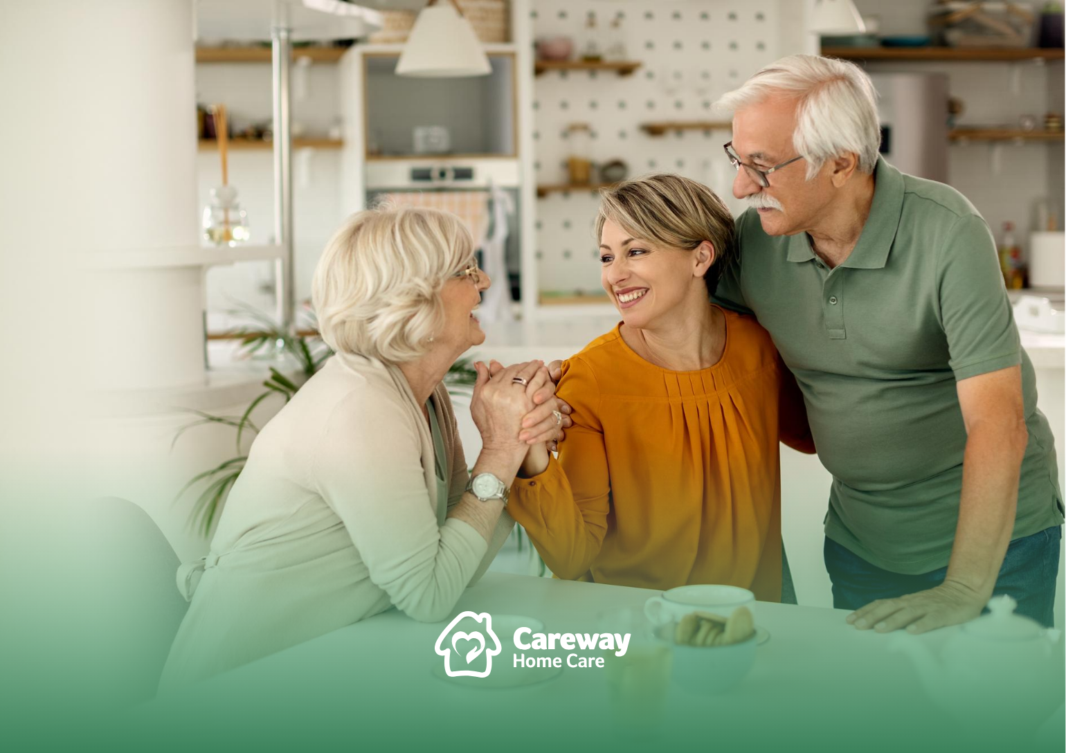 An adult happily talking to her senior parents