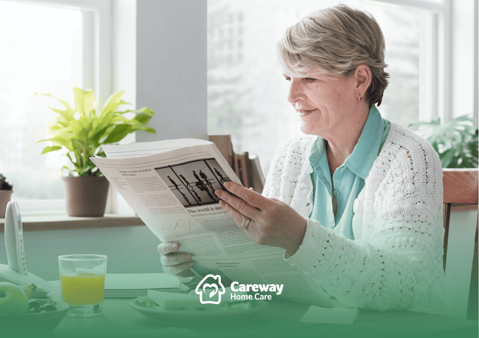 An elderly woman reading a newspaper at a breakfast table