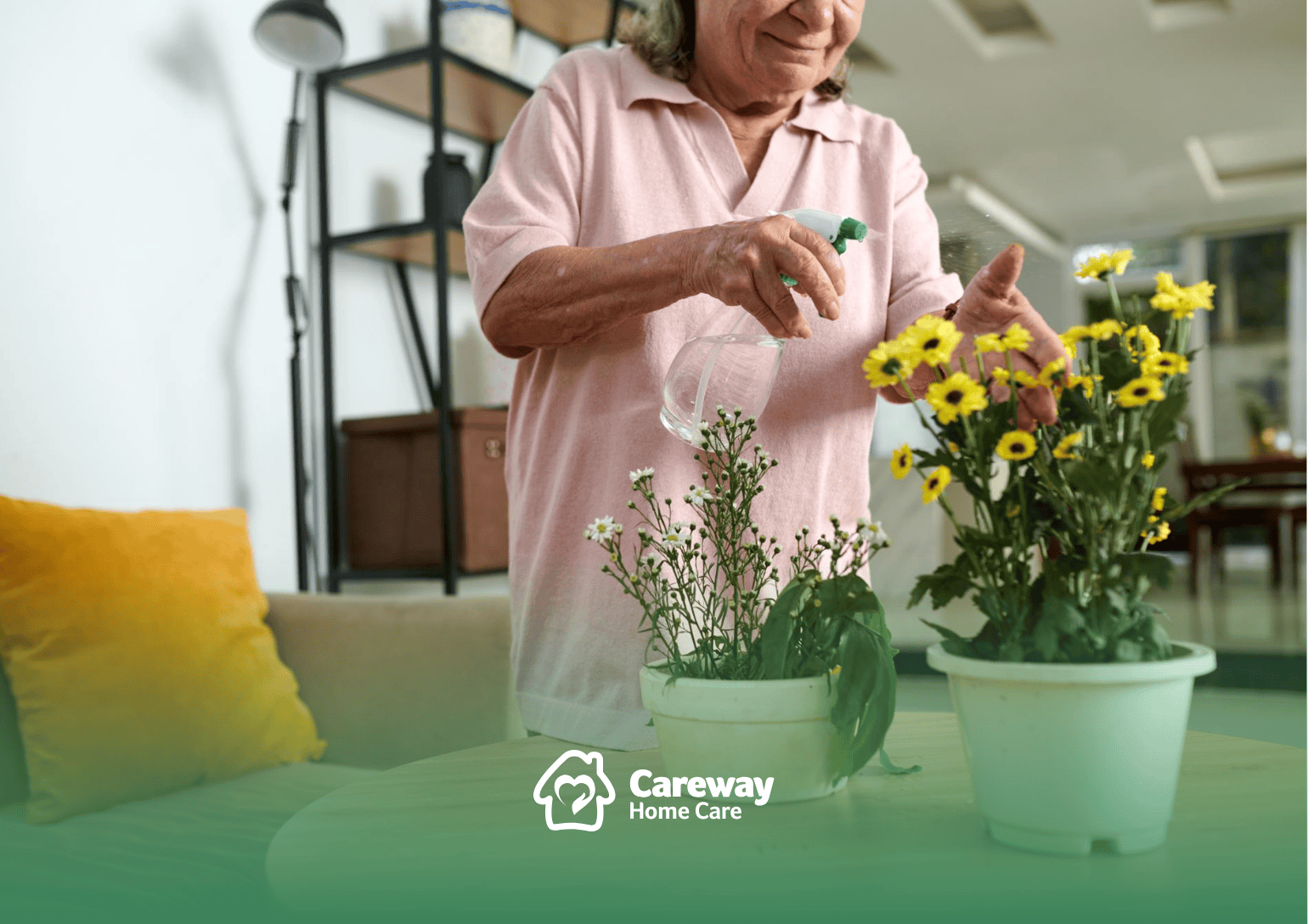 A senior aging in place in Pennsylvania arranging flowers in her living room