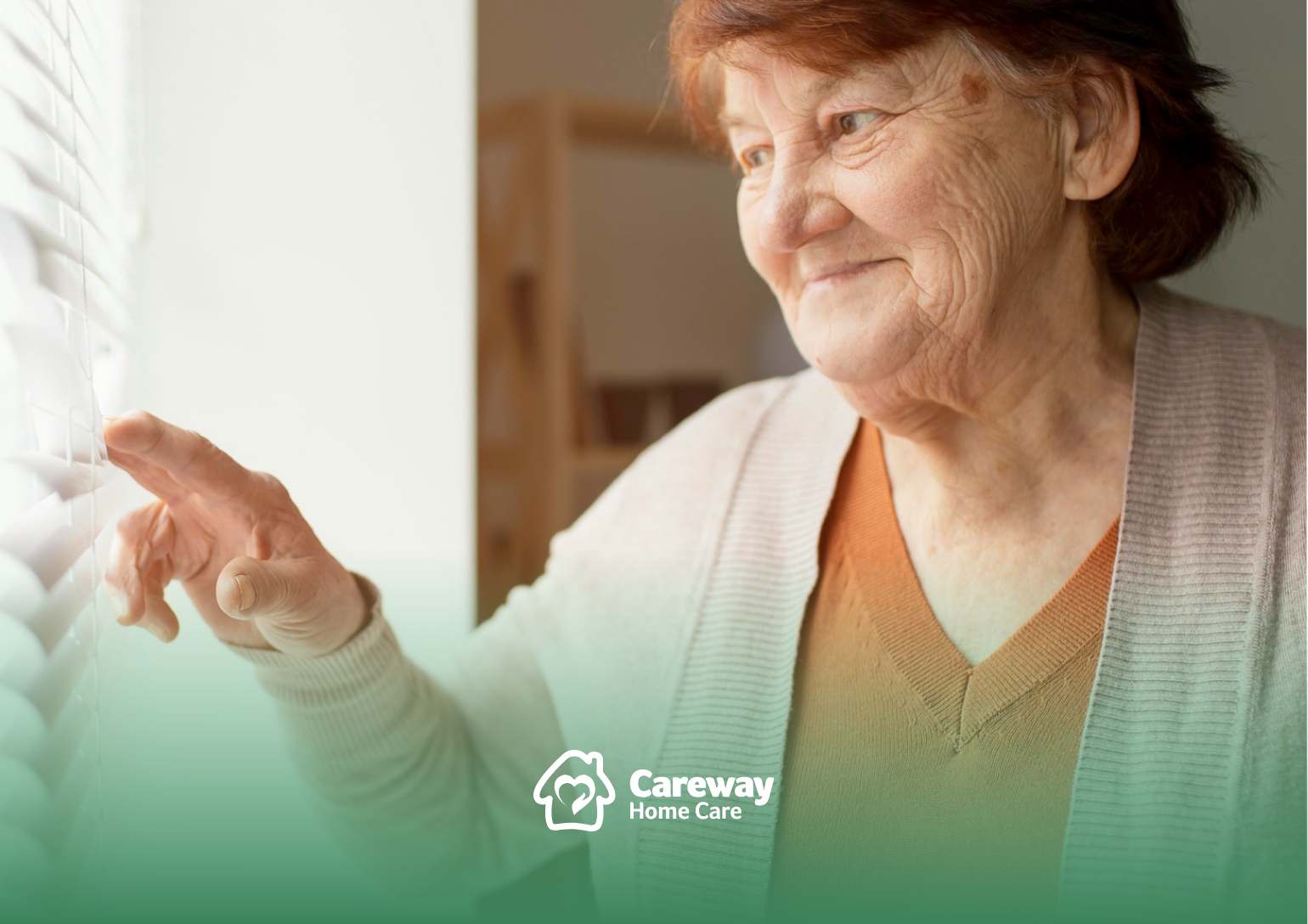 A senior aging in place in Pennsylvania looking through window blinds