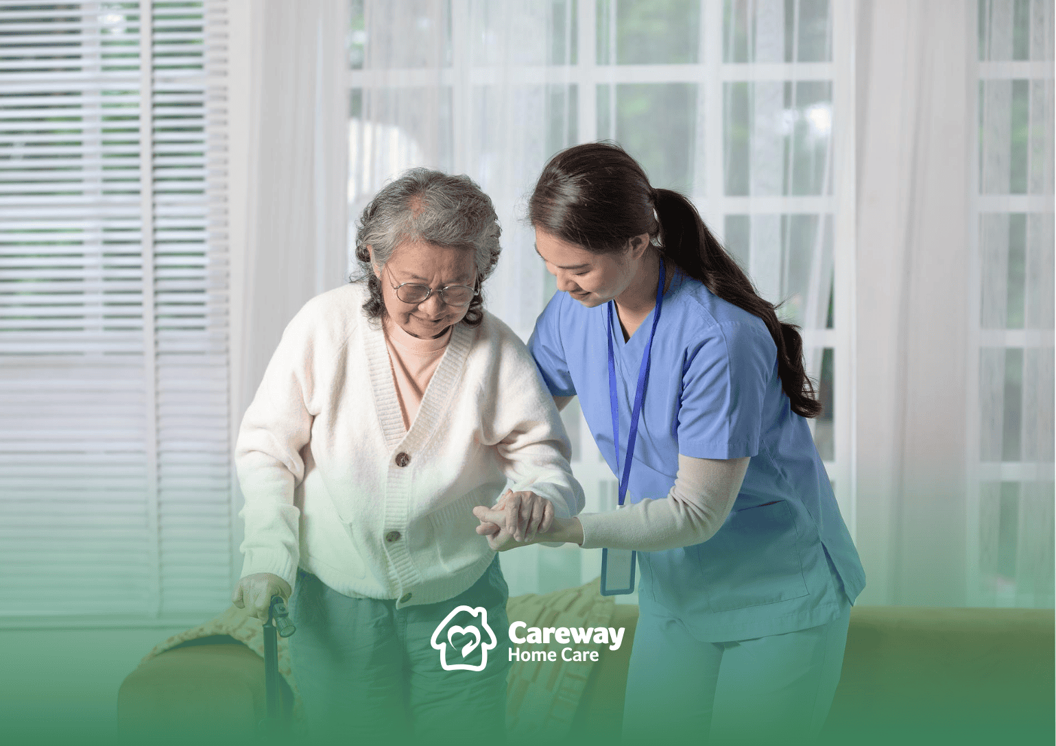 A caregiver assisting a senior holding a cane